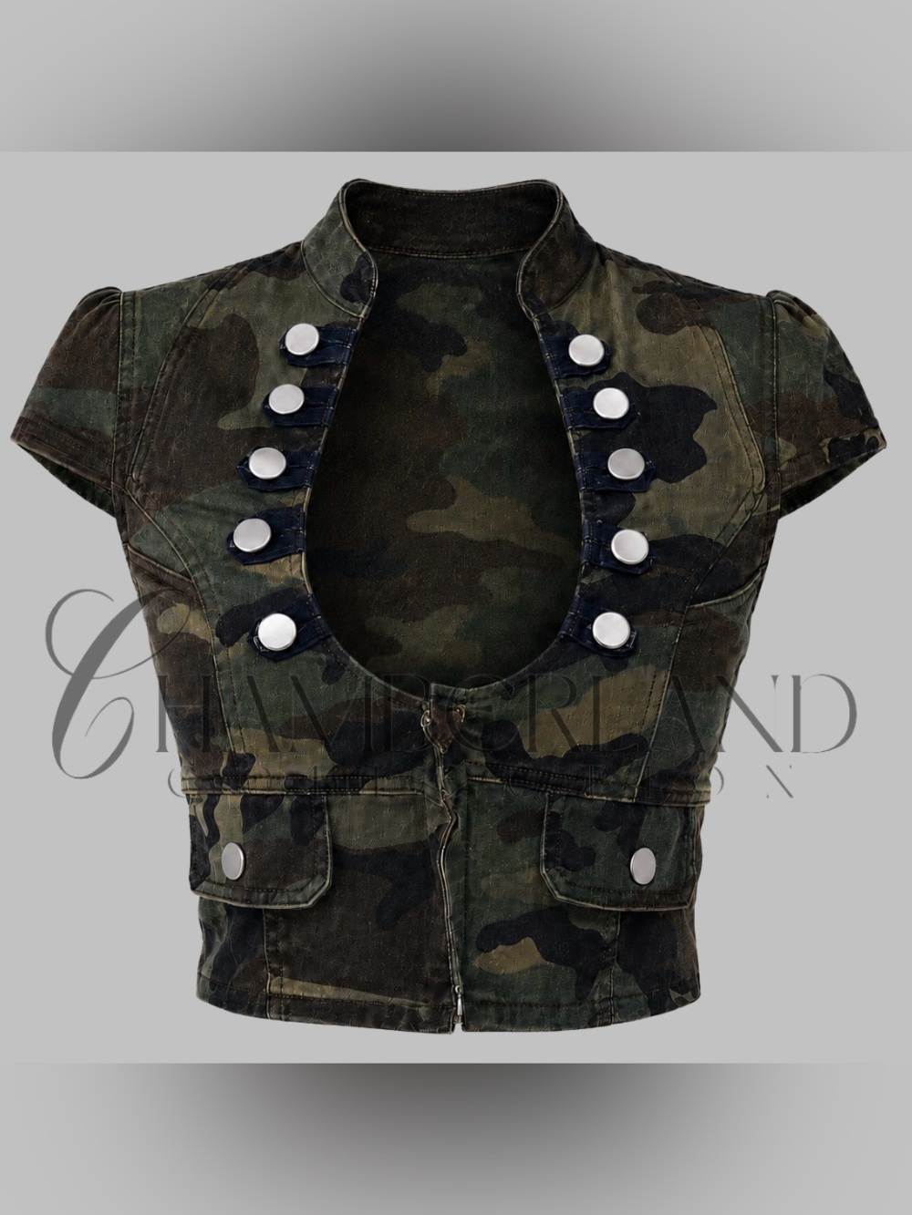Viral Camo Button Accent Cropped Zip Front Top Women
